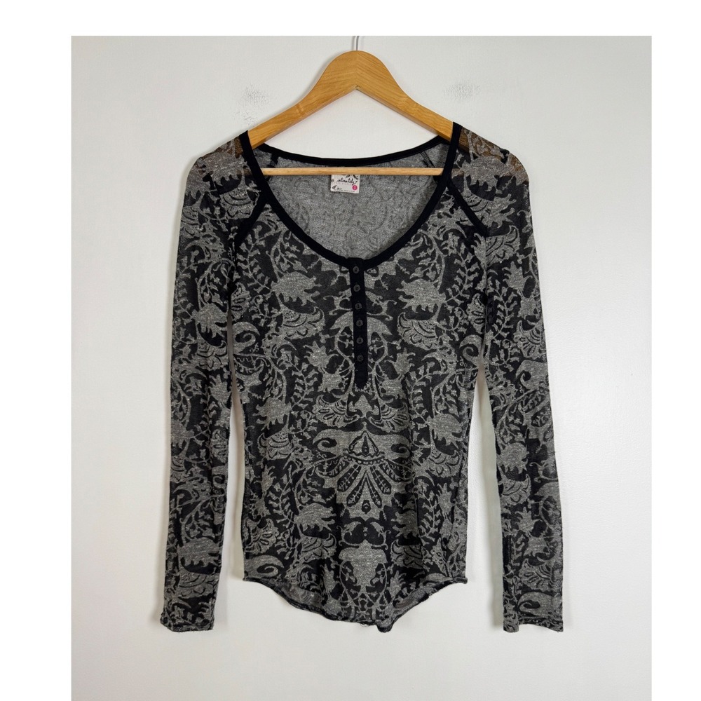 Boho Grunge Intimately Free People Womens XS Henley Top Black Gray Burnout Lace